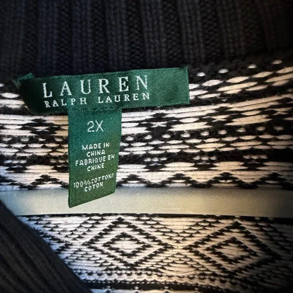 Lauren Ralph Lauren Sweater Women 2X Black White Fair Isle Toggle Shawl Collar - Picture 5 of 7